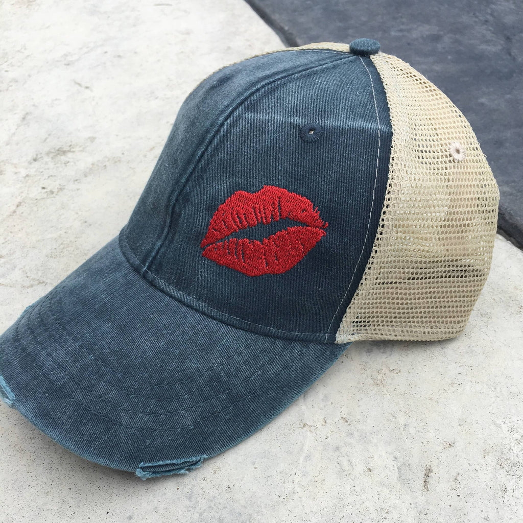 Lips, custom hat, womens hat, trucker hat, cap, hat, lip, lips hat, mesh hat, snapback hat, adams hat, distressed, vintage