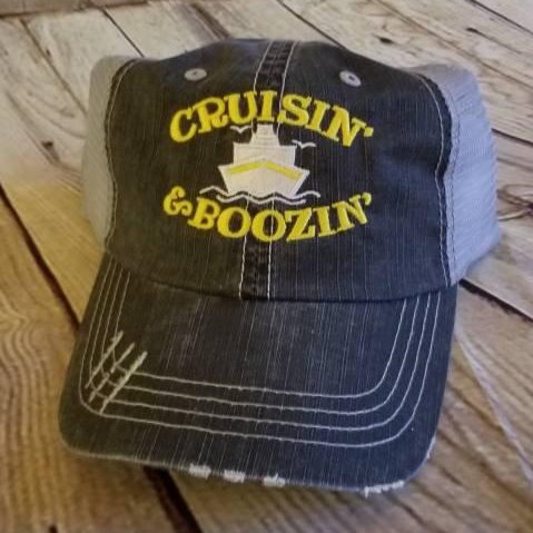 Crusin and boozin, cruise, booze, cruise ship, party, summer, vacation, low profile, distressed hat