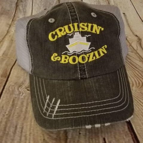 Crusin and boozin, cruise, booze, cruise ship, party, summer, vacation, low profile, distressed hat