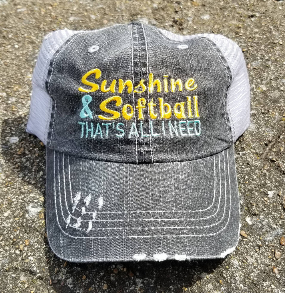Sunshine and softball, softball, sunshine, sports, low profile, distressed cap, summer cap