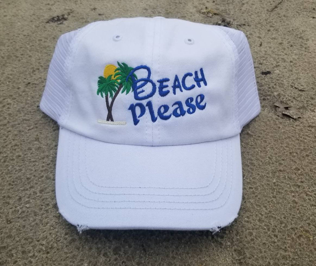 Beach Please, Palm trees, beach, summer, vacation, low profile cap, white cap, women hat, distressed cap