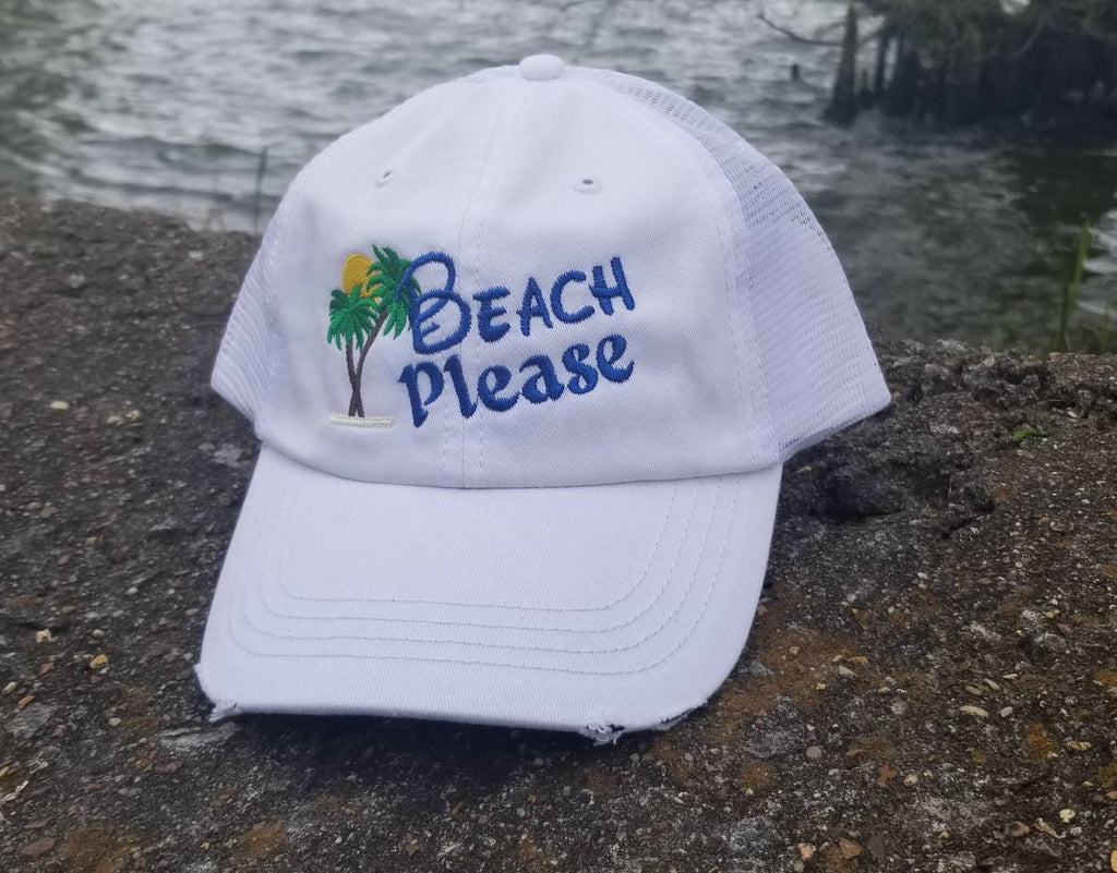 Beach Please, Palm trees, beach, summer, vacation, low profile cap, white cap, women hat, distressed cap