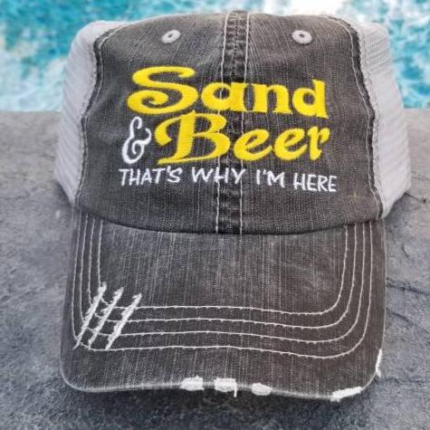 Sand and beer, that's why I'm here, beach hat, cap, low profile, distressed hat, vacation, party, bridal,