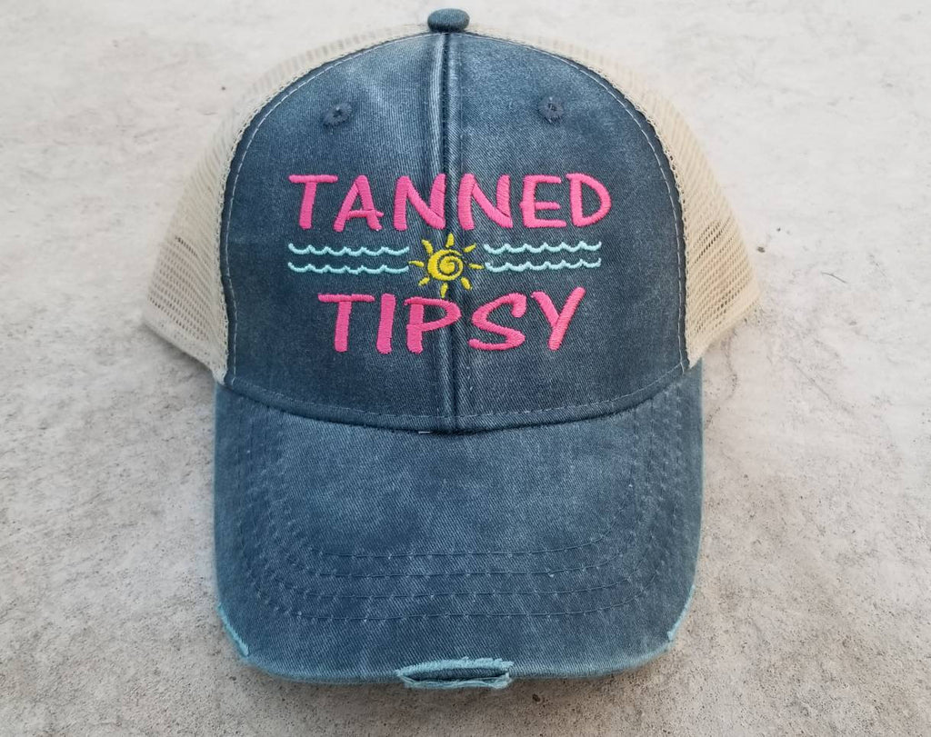 Tanned and tipsy, distressed trucker hat, beach, party, tanned, tipsy, alcohol, I'll bring, bridal,