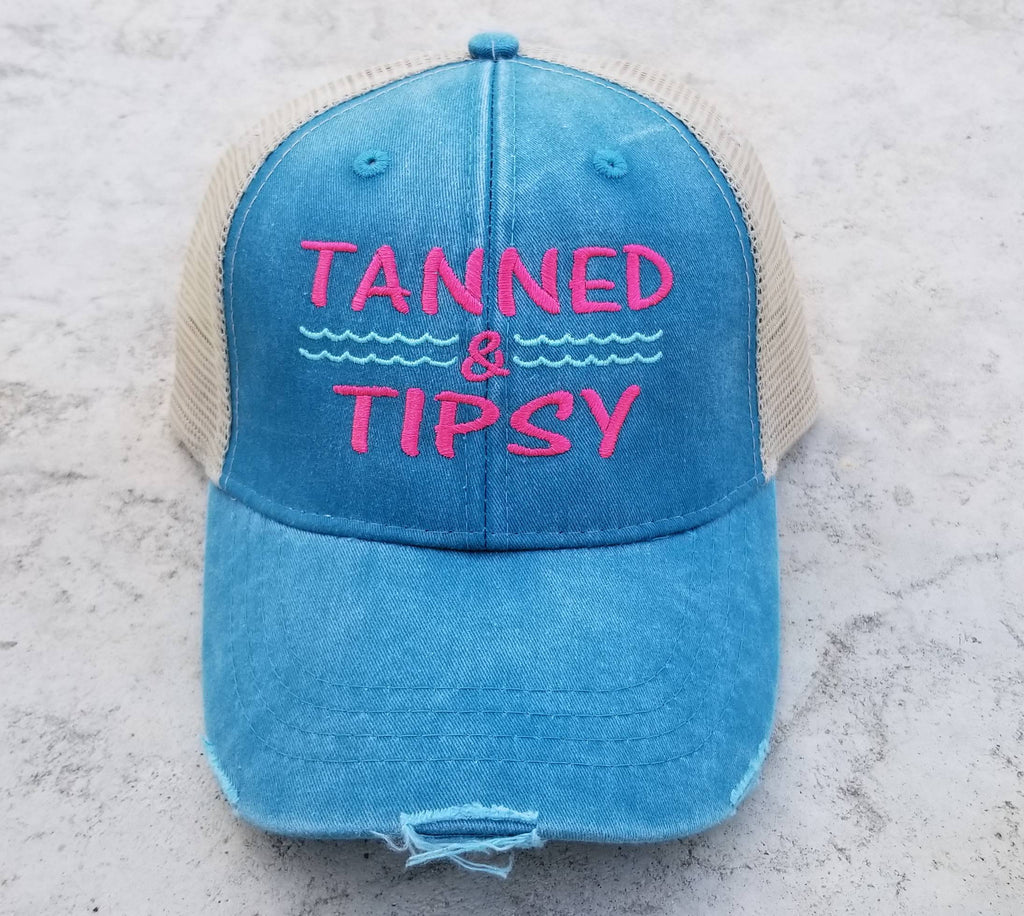 Tanned and Tipsy, tanned, tipsy, distressed trucker hat, alcohol, beach, party, bridal