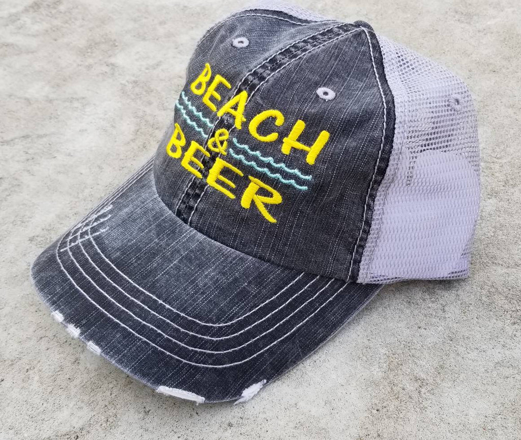 Beach and beer, alcohol, low profile cap, distressed hat, beach hat, beer, beach