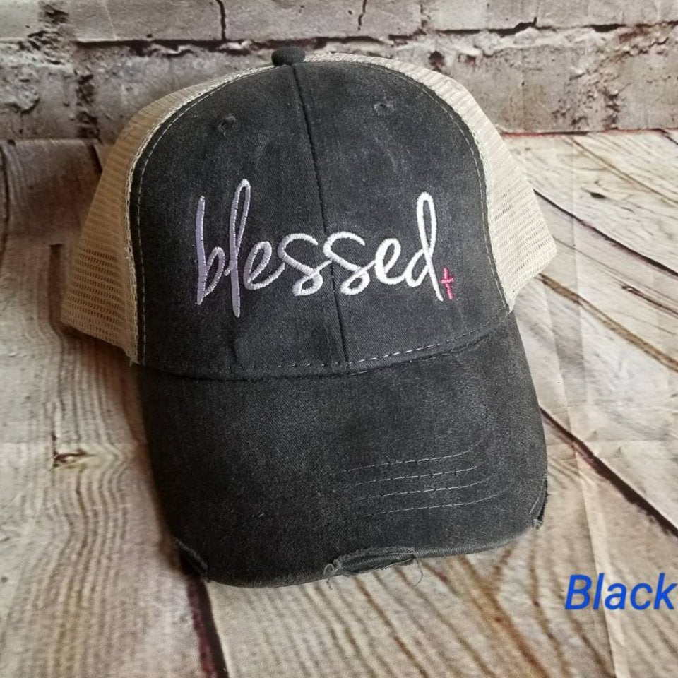 Blessed, religion, cross, distressed hat, trucker hat,