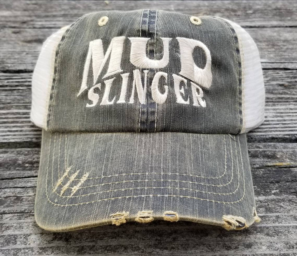 Mud Slinger, worn distressed black low profile cap, ATV, UTV, off road, trail riding, mudding, 4x4