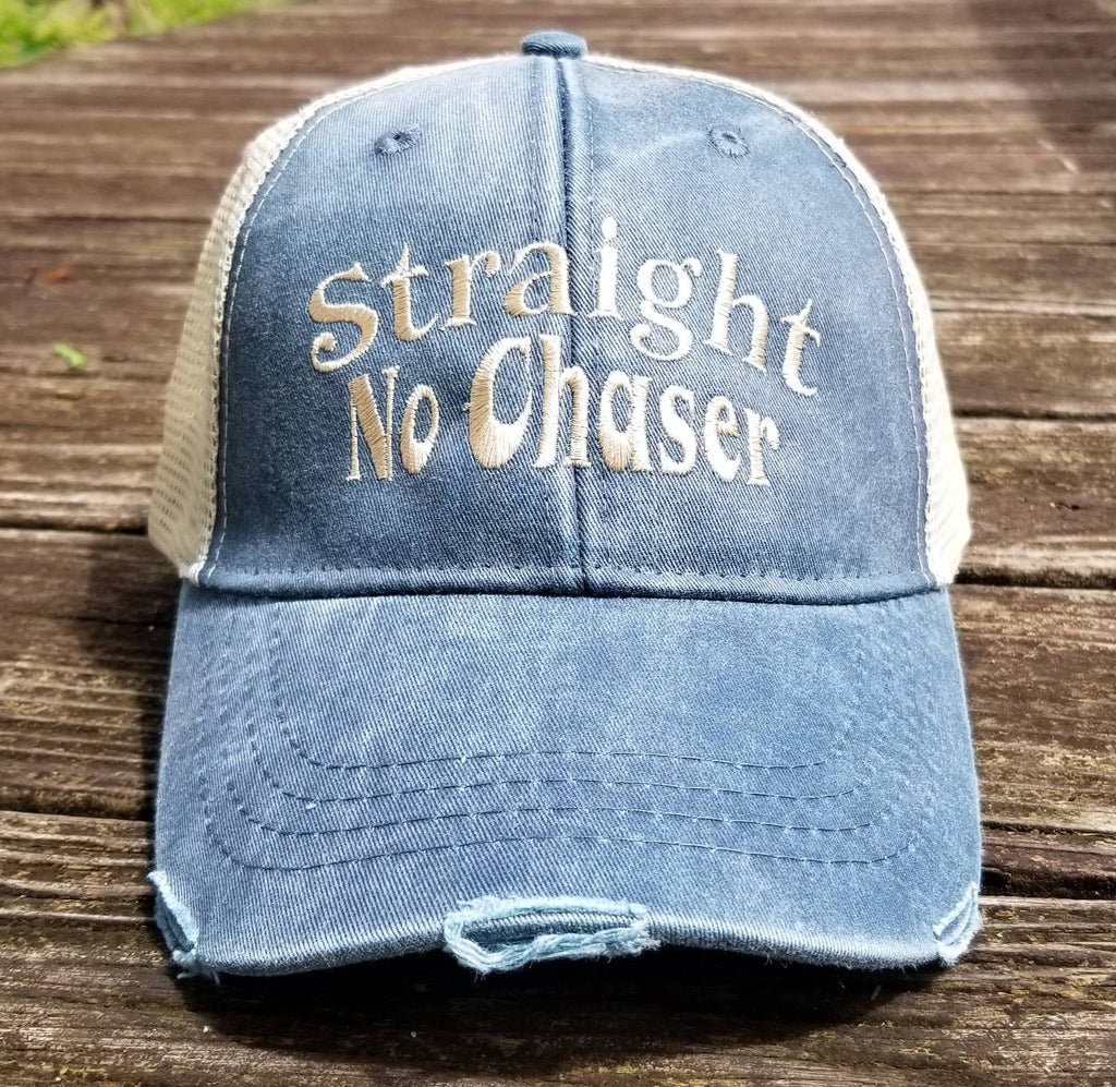 Straight No Chaser, distressed trucker hat, 8 color options, alcohol, drinking hat
