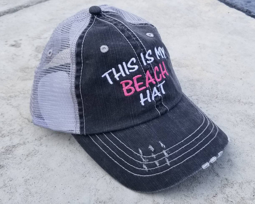 This is my beach hat, low profile black distressed cap, silver/gray mesh
