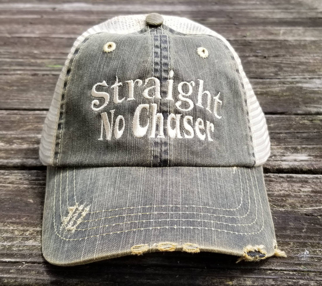 Straight No Chaser, vintage worn looking distressed black/tan low profile cap, drinking cap, alcohol