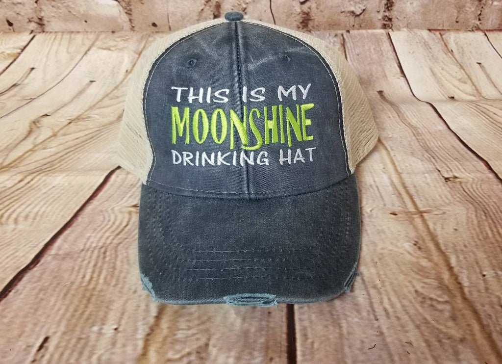 Moonshine, this is my moonshine drinking hat, distressed hat, trucker hat, snapback hat, mesh, drinking hat, party, beach