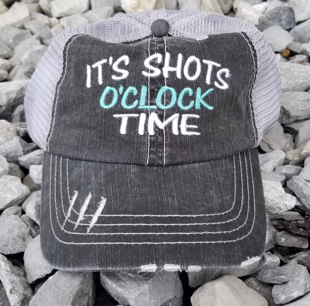 Its Shots O'clock Time, low profile black distressed cap