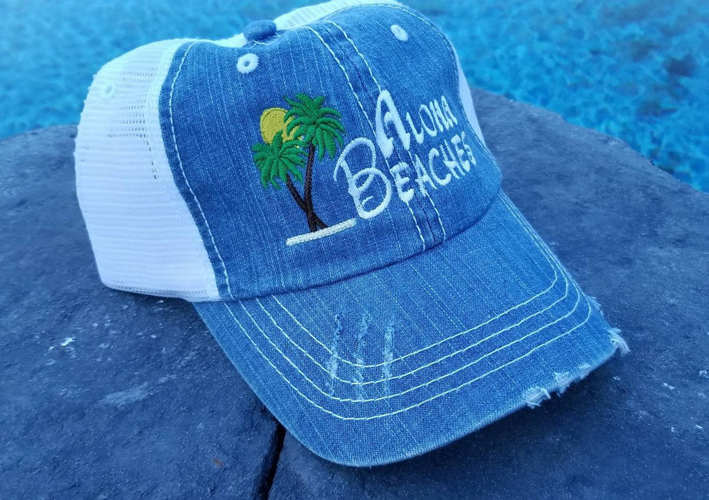 Aloha beaches, aloha, beach, vacation, low profile, denim, distressed cap, cap, women's cap, baseball cap