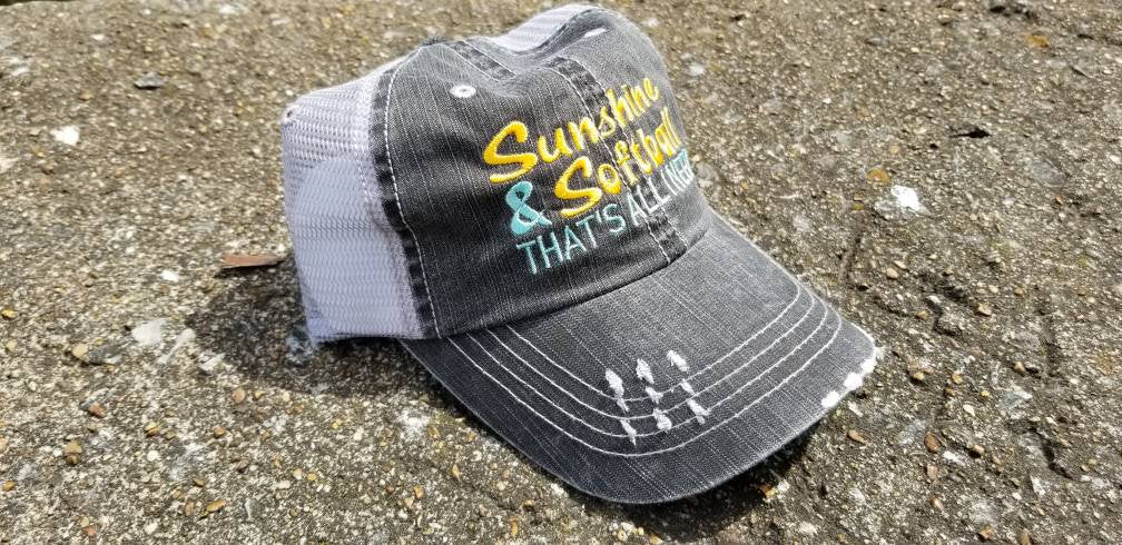 Sunshine and softball, softball, sunshine, sports, low profile, distressed cap, summer cap
