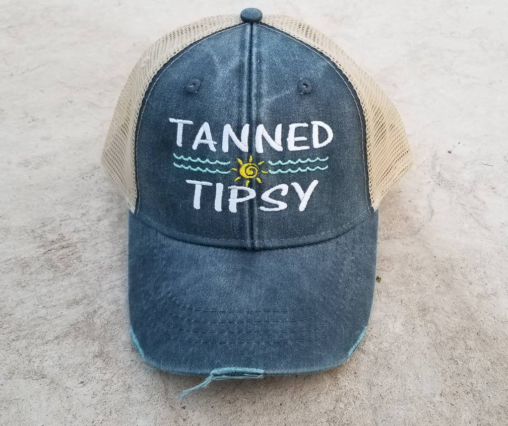 Tanned and tipsy, distressed trucker hat, beach, party, tanned, tipsy, alcohol, I'll bring, bridal,