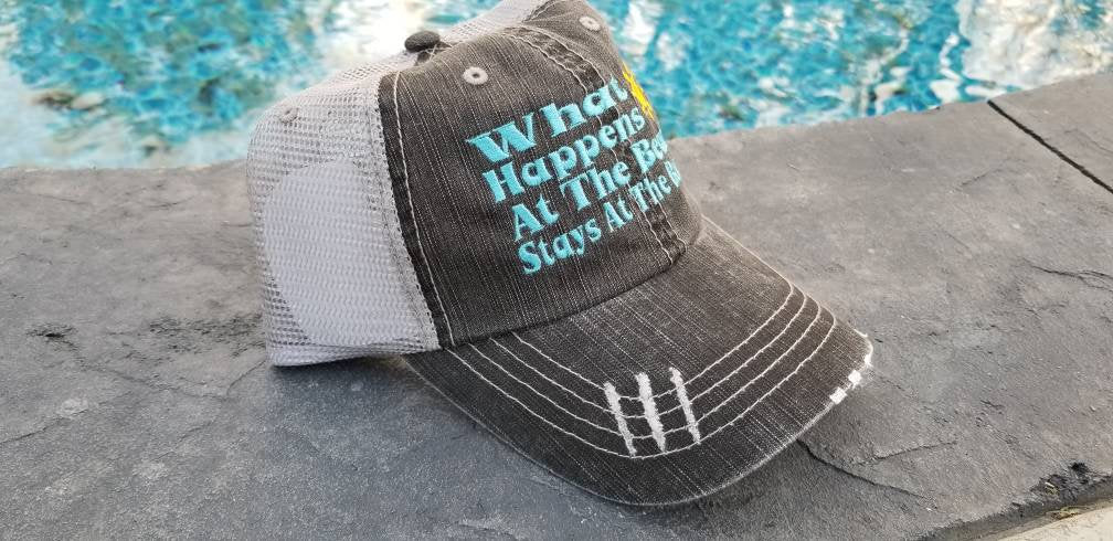 What happens at the Beach, Stays at the Beach, party cap, distressed cap, distressed hat, beach cap, summer, I'll bring,