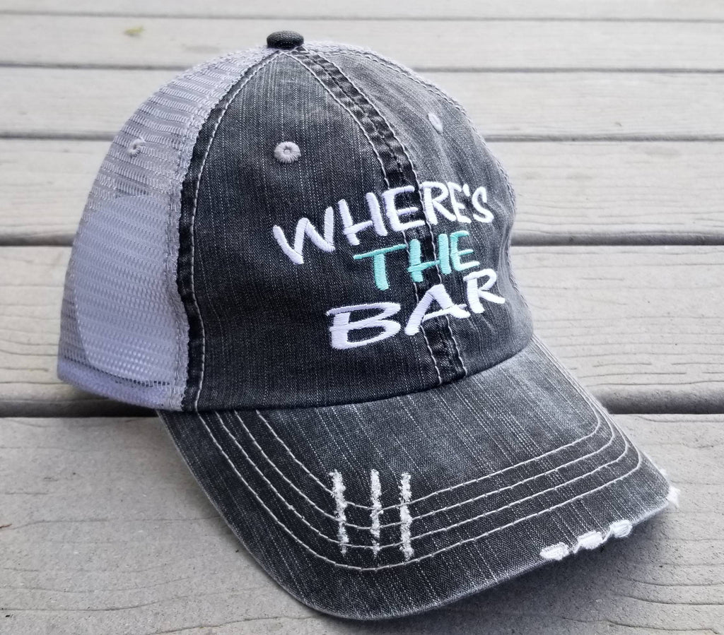 Where's The Bar, low profile distressed black cap with silver gray mesh