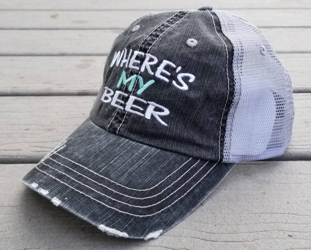 Where's My Beer, low profile distressed black cap with silver gray mesh