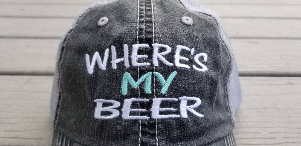 Where's My Beer, low profile distressed black cap with silver gray mesh