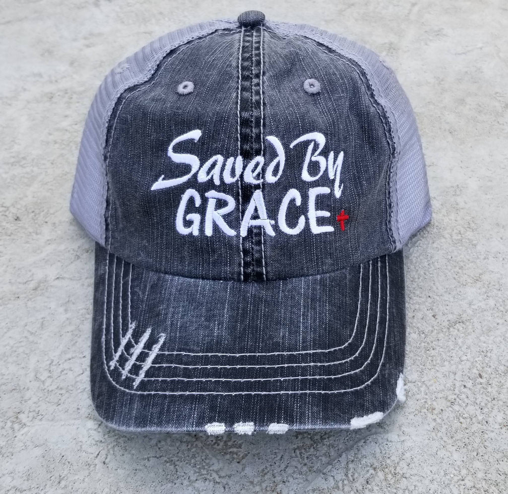 Saved by Grace, low profile hat, religion, saved, grace, cross, distressed cap, inspirational