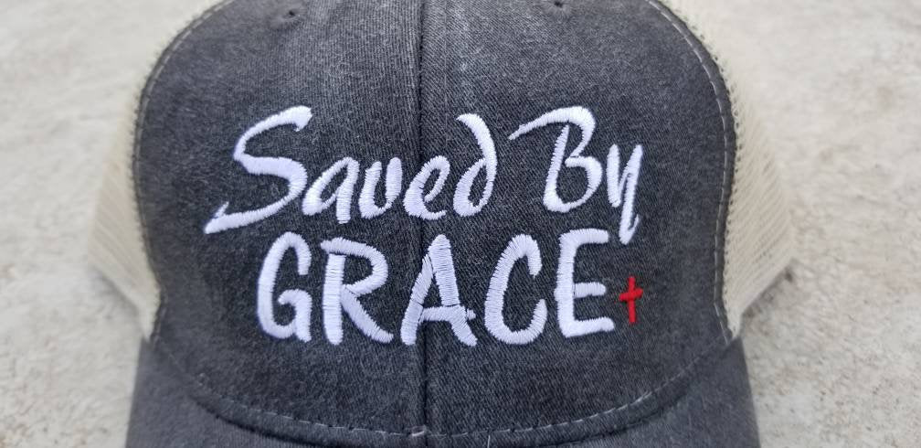 Saved by Grace, religion, trucker hat, distressed trucker hat, saved, grace