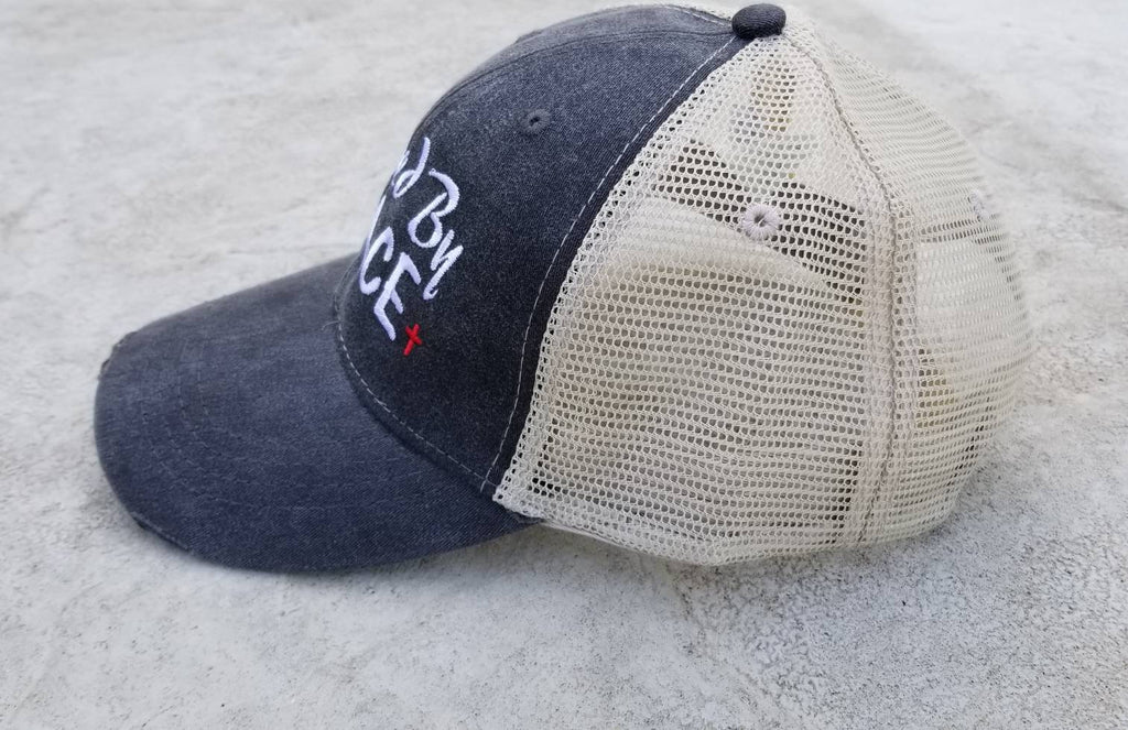 Saved by Grace, religion, trucker hat, distressed trucker hat, saved, grace