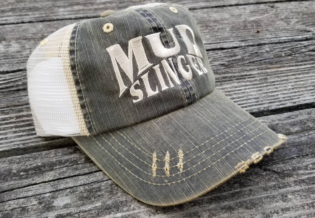Mud Slinger, worn distressed black low profile cap, ATV, UTV, off road, trail riding, mudding, 4x4