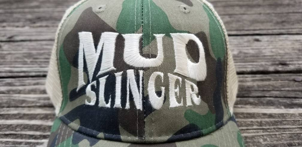 Camo mud slinger, distressed trucker hat, off road, mudding, ATV, UTV, 4x4