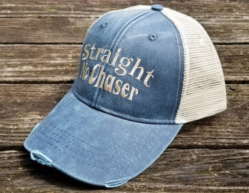 Straight No Chaser, distressed trucker hat, 8 color options, alcohol, drinking hat
