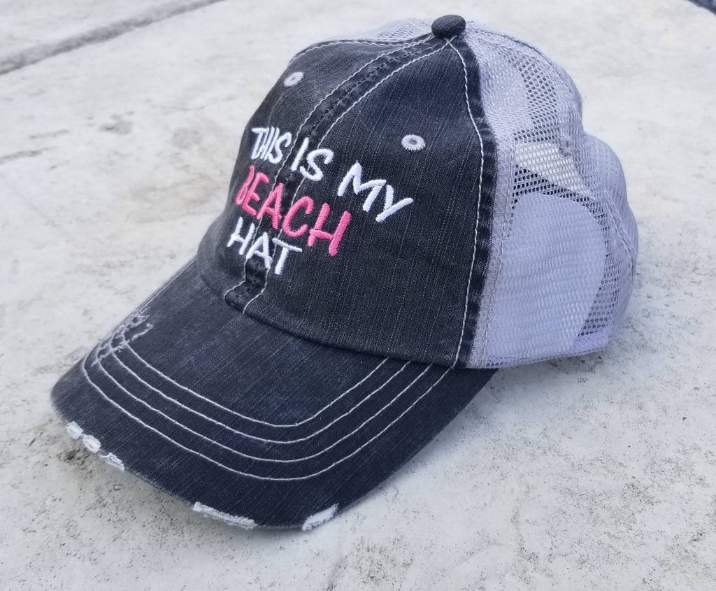 This is my beach hat, low profile black distressed cap, silver/gray mesh