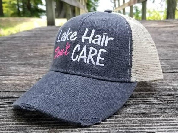Lake Hair Don't Care, distressed trucker hat, 8 optional colors