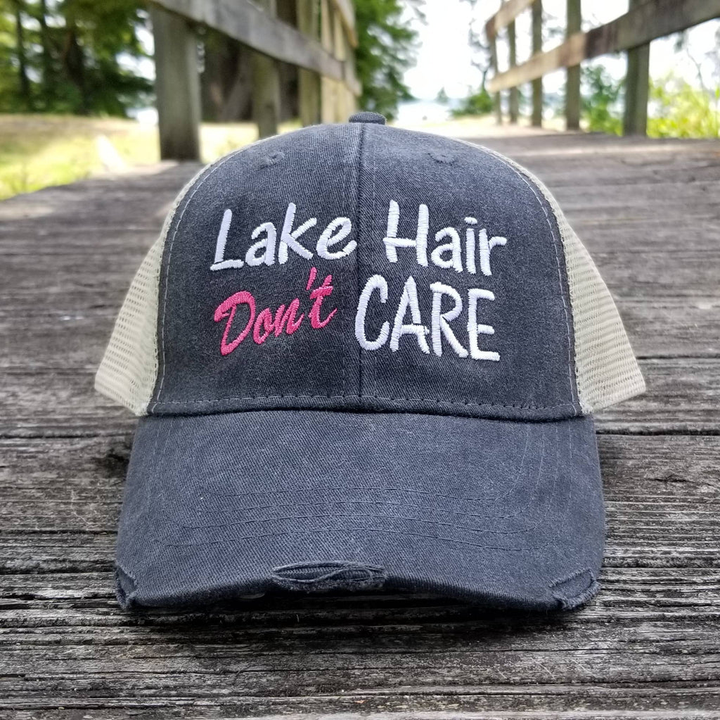 Lake Hair Don't Care, distressed trucker hat, 8 optional colors