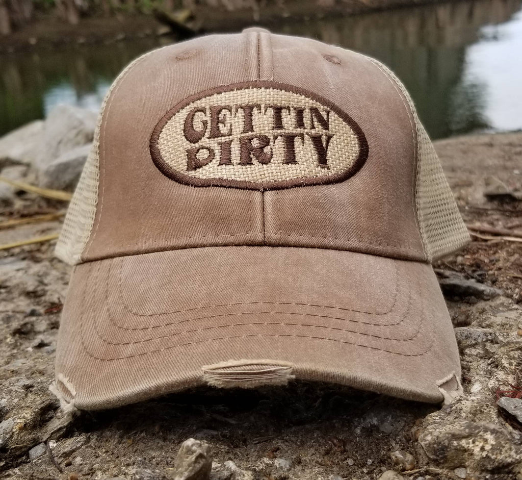 Gettin Dirty oval, distressed trucker cap
