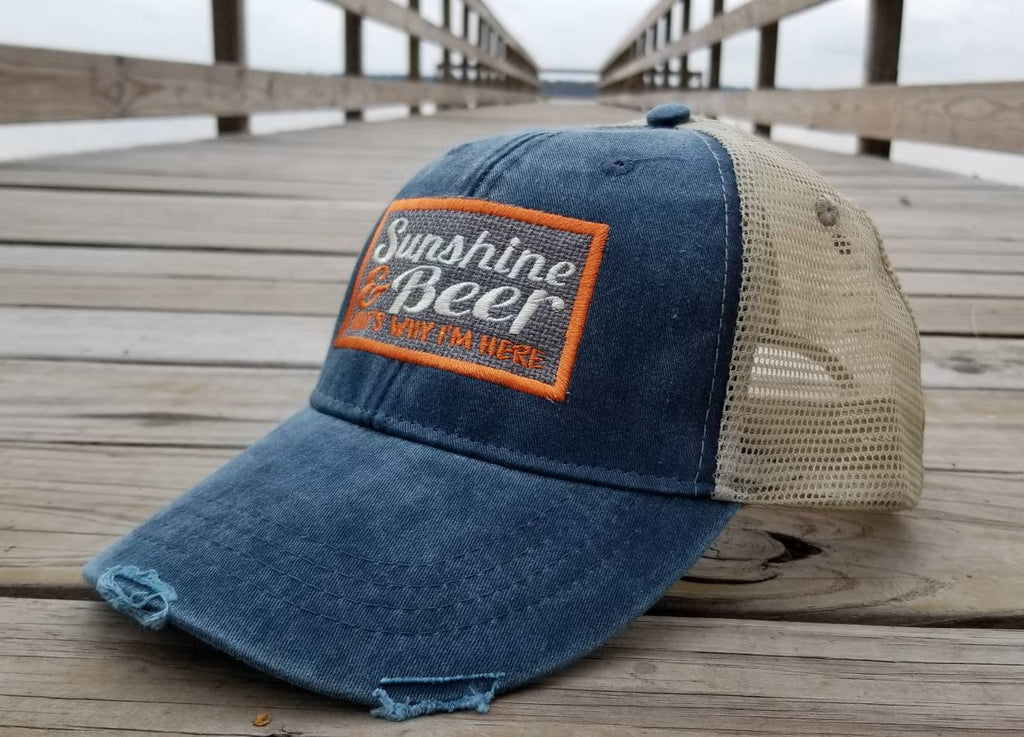 Sunshine and Beer That's Why I'm Here, square patch work distressed navy trucker cap