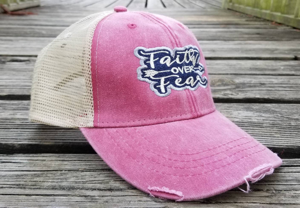Faith over Fear, hot pink distressed trucker hat