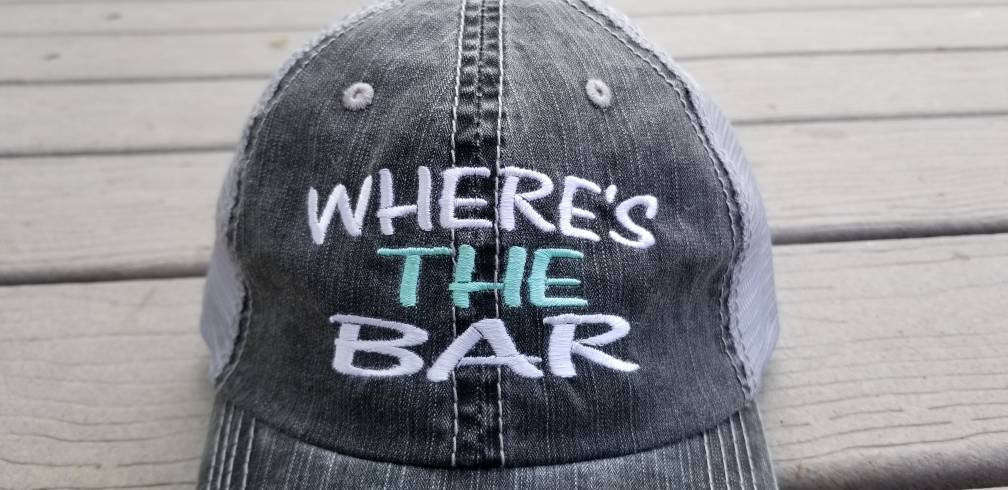 Where's The Bar, low profile distressed black cap with silver gray mesh