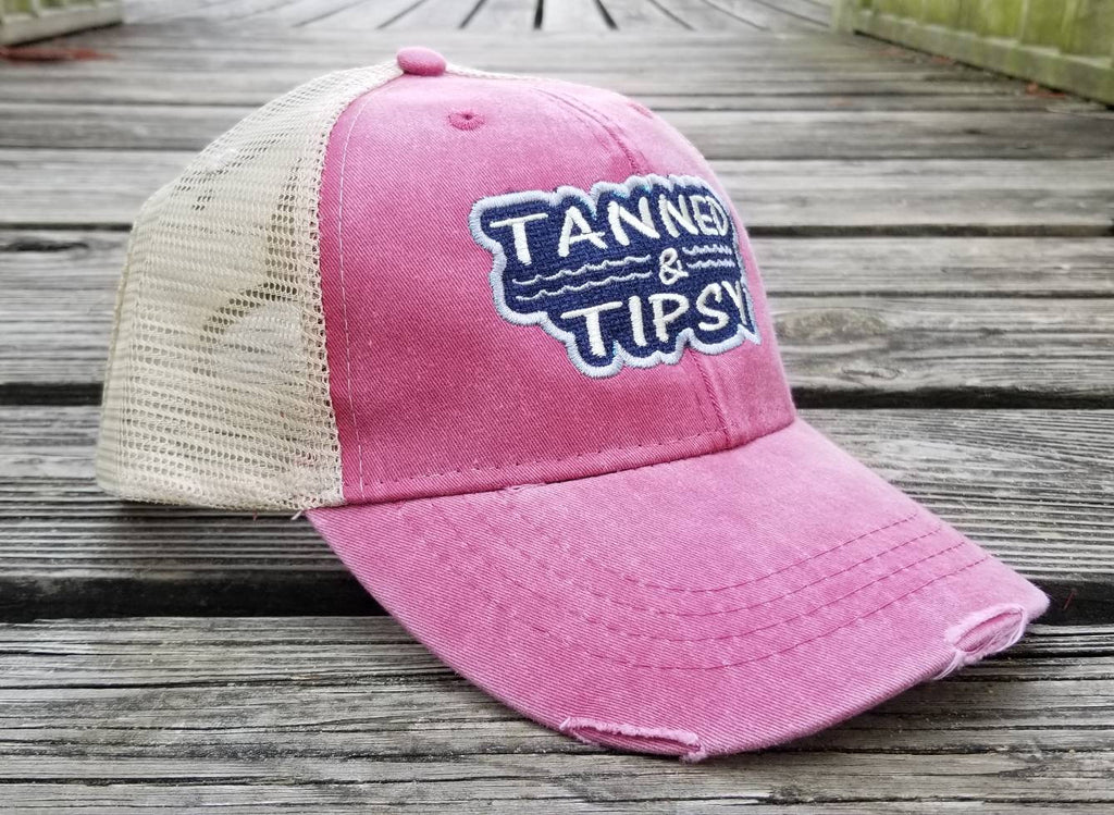 Tanned and tipsy, hot pink distressed trucker cap, outline patchwork