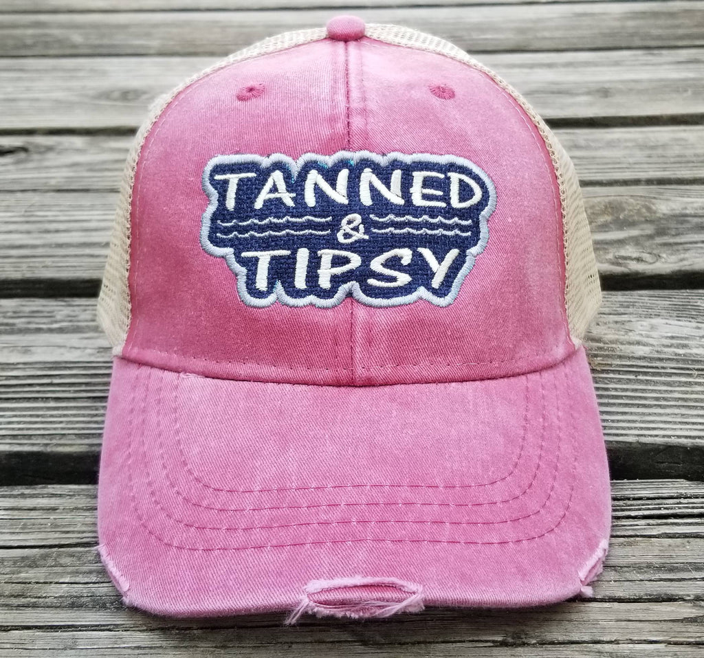 Tanned and tipsy, hot pink distressed trucker cap, outline patchwork