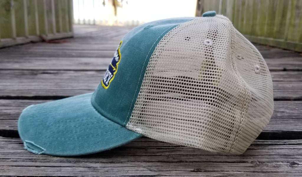 Sunshine and Whiskey, distressed forrest green trucker cap, outlined patchwork