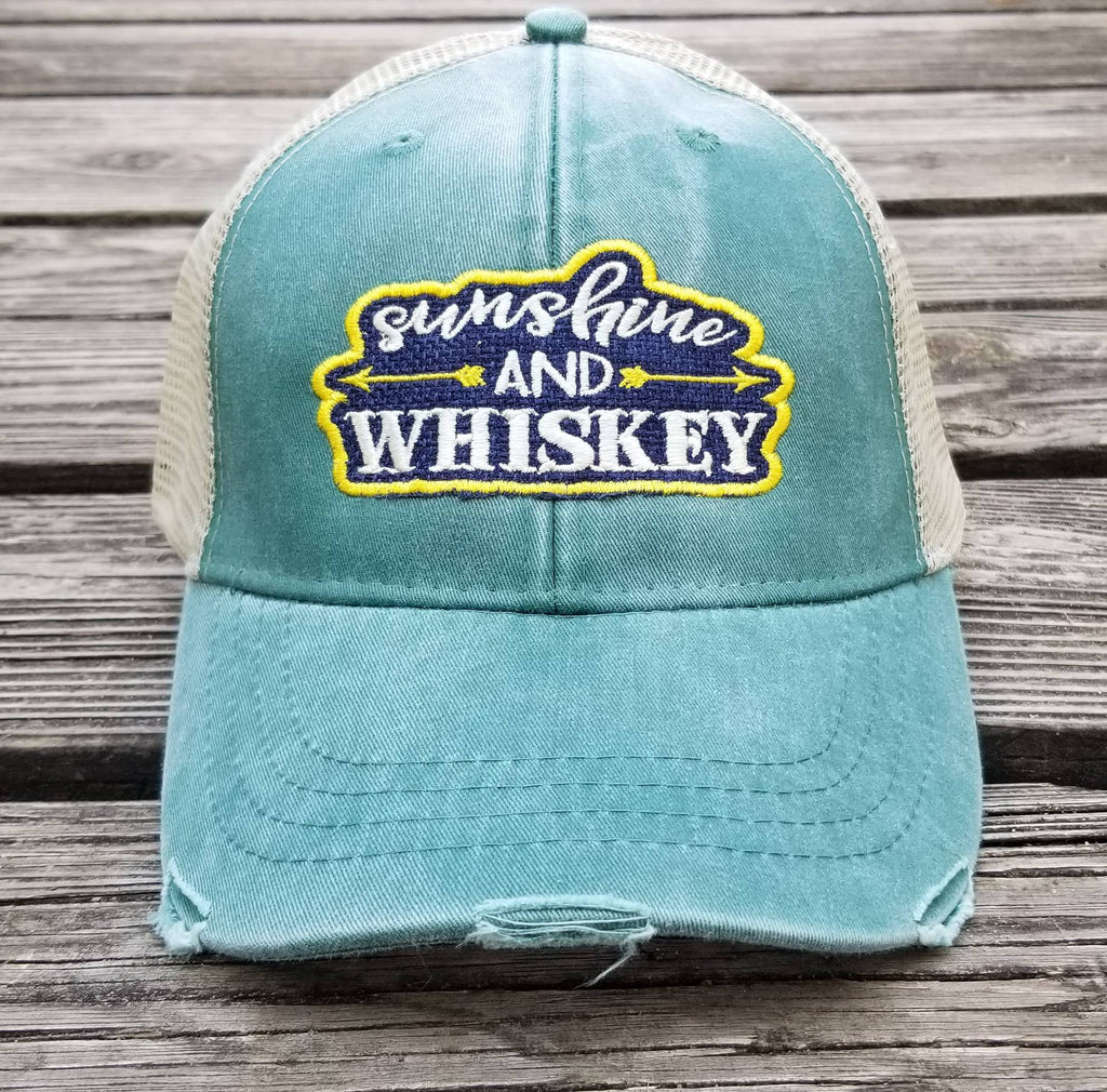 Sunshine and Whiskey, distressed forrest green trucker cap, outlined patchwork