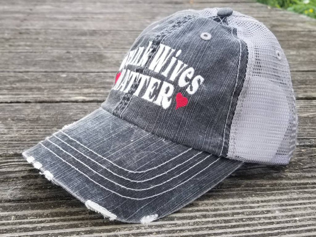 Drunk Wives Matter, distressed low profile black cap with silver gray mesh