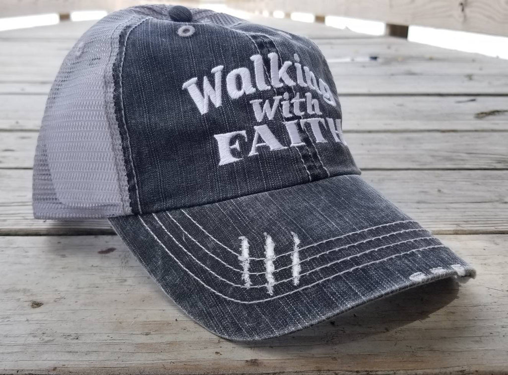 Walking with Faith, low profile distressed black cap with silver gray mesh