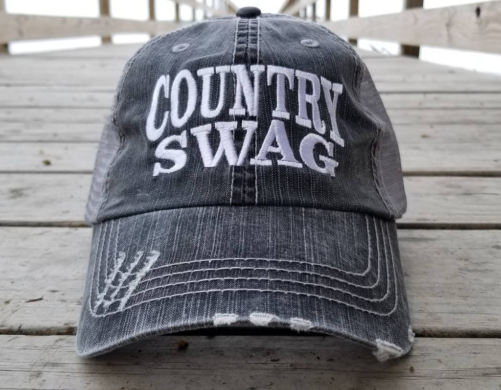 Country Swag, low profile distressed black cap with silver gray mesh