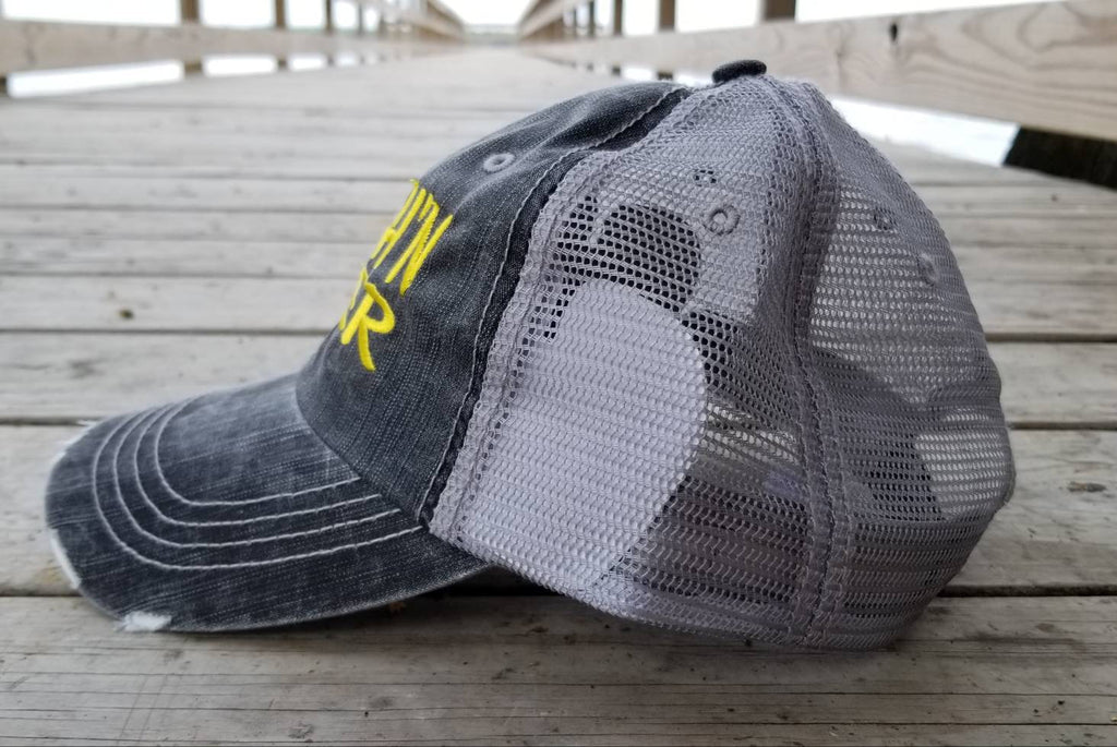 Beach n beer, low profile distressed black cap with silver gray mesh