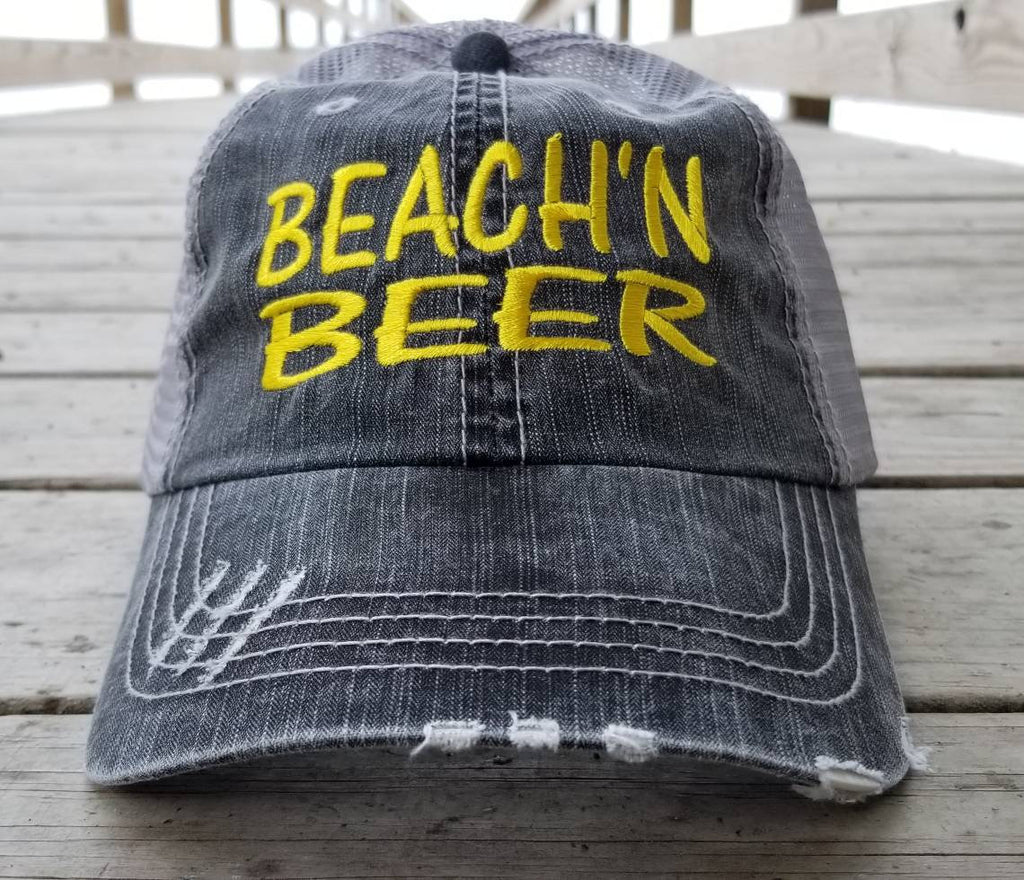 Beach n beer, low profile distressed black cap with silver gray mesh