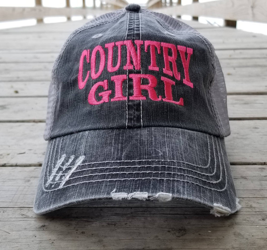 Country Girl, low profile distressed black cap with silver gray mesh