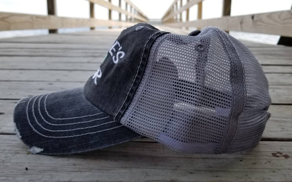 Where's My PBR, low profile black distressed cap with silver gray mesh