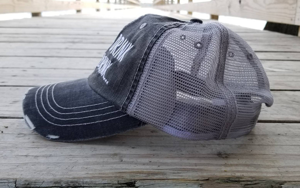 Here to Drink a little drink, low profile black distressed cap with silver gray mesh