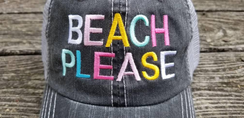 Beach Please, low profile black distressed hat with silver gray mesh
